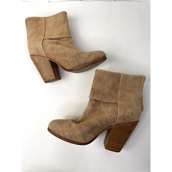 Rag & Bone Newbury Classic Tan Canvas Fabric Stacked Heeled Ankle Bootie Women 6 - Picture 3 of 12